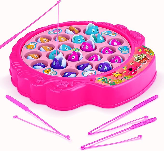 Fishing Game Play Set - 21 Fish, 4 Poles, & Rotating Board w/On-Off Music - Family Children Backyard Pink Toy Games for Kids and Toddlers Age 3 4 5 6 7 Girls and Up