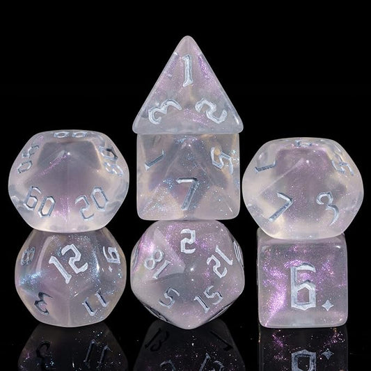 7-Die DND Dice Set Polyhedral Dice Set with Leather Bag D&D Dice Set for Dungeons and Dragons RPG MTG Table Games (Transparent w/Glitter)