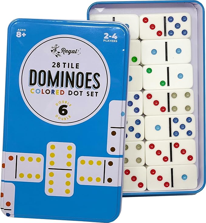 Regal Games Double 6 Dominoes Set for Adults & Kids - Classic Domino Game with 28 Tiles Colored Dots - 2 or 4 Player Games & Ideal for Family Fun Game Night and Travel (Ages 8+)