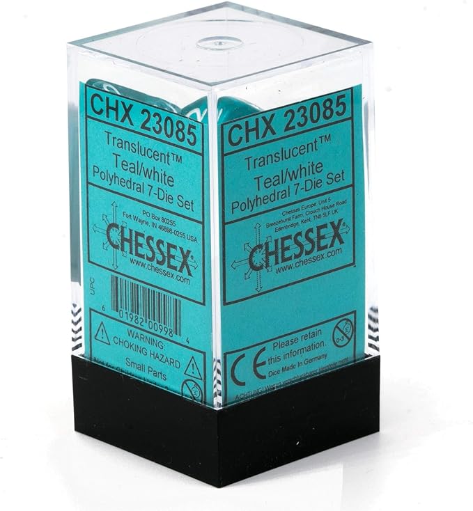 Chessex Polyhedral 7-Die Translucent Dice Set - Teal (d4, d6, d8, d10, d12, d20 & d00)