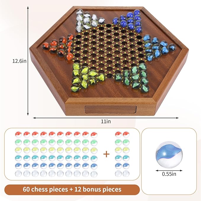 Chinese Checkers Board Game,12.6 Inches Large Wooden Board Game with 0.55“ 60+12 Colorful Glass Marbles and Dual Sided Storage Drawer Chinese Checkers Marbles for Adults Classic Family Strategy Gifts