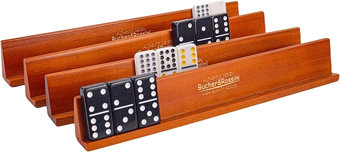Wooden Domino Holders Set of 4 Wooden Domino Racks for Mexican Train Dominoes Accessories Domino Stand for Domino Tiles, Mexican Train, Mahjong, Chicken Foot and Other Domino Games(1 Row Dark Red)