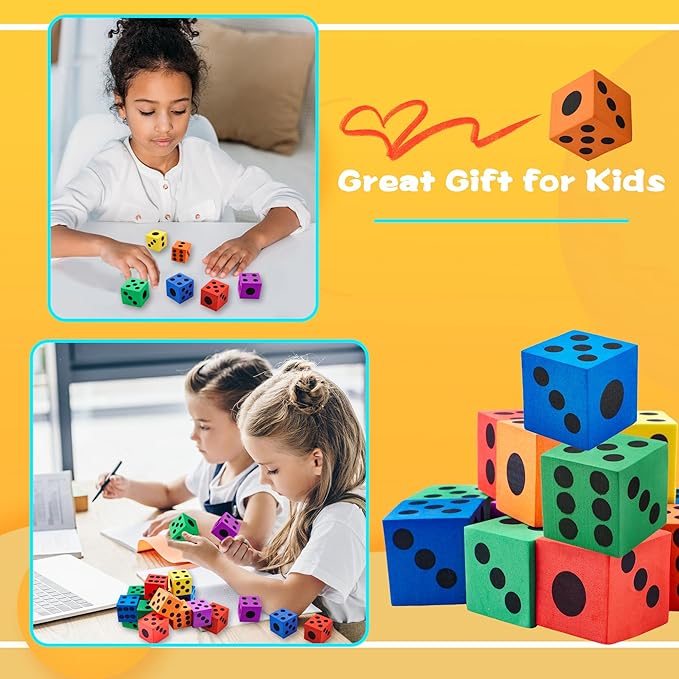 60 Pack 1.5 Inch Colored Foam Dice Set Large Colorful Dice Cubes with Number Dots Soft Dice Building Education Toys for Kids Math Goodie Bag Fillers Gifts Adults Fun Party Games, 6 Colors