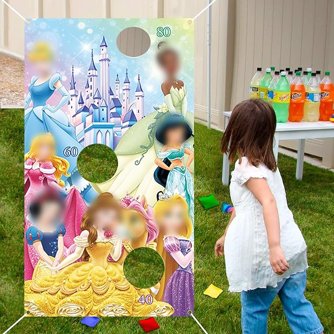 Princess Toss Game Banner with 3 Bean Bags for Girls Birthday Indoor Outdoor Throwing Games Princess Party Decoration Supplies