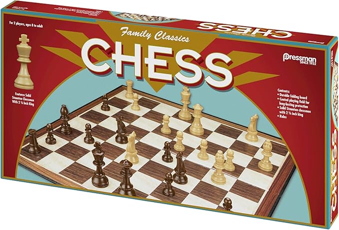 Family Classics Chess by Pressman - with Folding Board and Full Size Chess Pieces