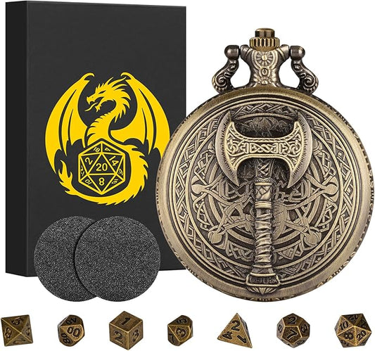 Mini DND Dice Set with Steampunk Barbarian Axe Pocket Watch Shell Case, 7pcs Polyhedral Metal DND Dice Set, D&D Gifts with Gift Box, Role Playing Board Games DND Accessories, Bronze