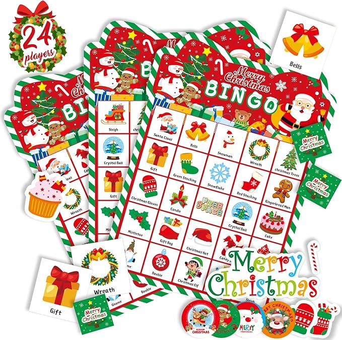 Funnlot Christmas Bingo Game for Kids, Christmas Games Christmas Crafts Christmas Activities with Reward Stickers for Kids Large Group Classroom Family Party Xmas