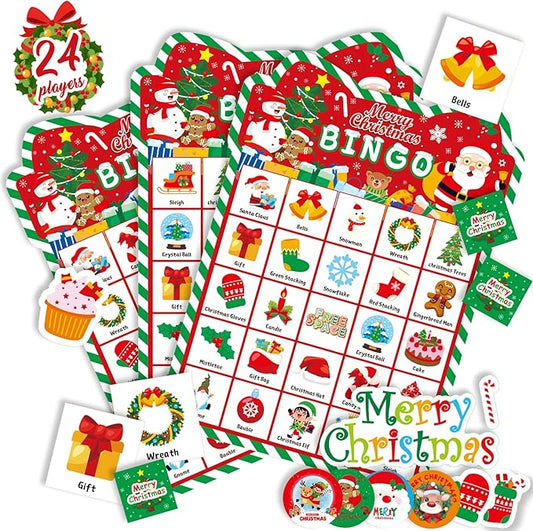 Funnlot Christmas Bingo Game for Kids, Christmas Games Christmas Crafts Christmas Activities with Reward Stickers for Kids Large Group Classroom Family Party Xmas