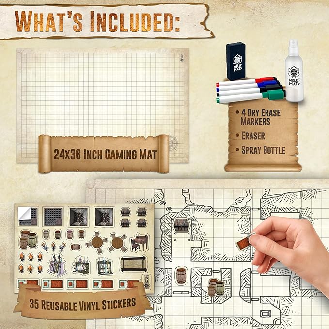 Melee Mats DND Map Starter Kit for Dungeons & Dragons Game - 24” x 36", Wet/Dry Erase Battle Terrain Grid - Ultimate Tabletop Gaming Experience with Accessories