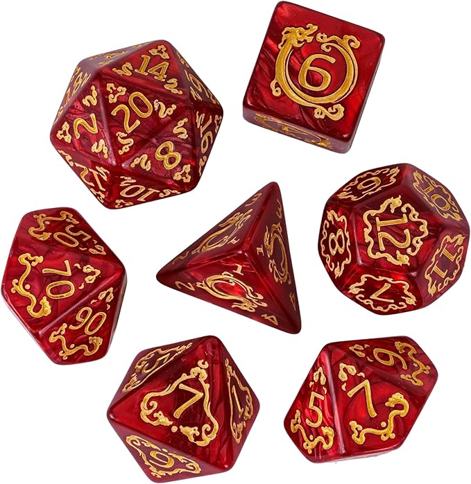 7-Die DND Dice Set Dragon Pattern Polyhedral Dice Set with Leather Bag D&D Dice Set for Dungeons and Dragons RPG MTG Table Games (Red W/Gold Dragon Pattern)