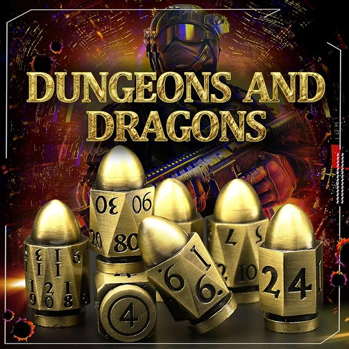 Bullet Dice Set, DND Dice Metal Revolver，ZHOORQI D6 Gun Dice D&D Gifts for Dungeons and Dragons, RPGs(7-Bronze)