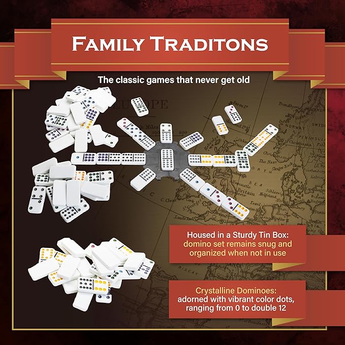 Family Traditions Double 12 Dominoes Tin, Crystalline Dominoes
