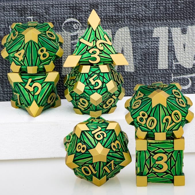 Metal DND Dice Set with Box, Debris RPG Green Golden D and D Dice for use with D&D Tabletop Games Role Playing Game Polyhedral Dice Set D20 D12 D10 D8 D6 D4