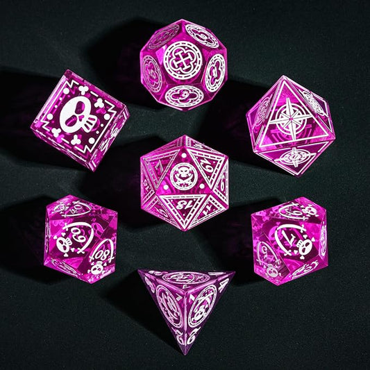 Cusdie 7-Piece Sharp Edges DND Dice Set with Pirate Design - Perfect for Tabletop RPGs Board Games Gifting and Collecting(Rose Red w/White Pirate Pattern)