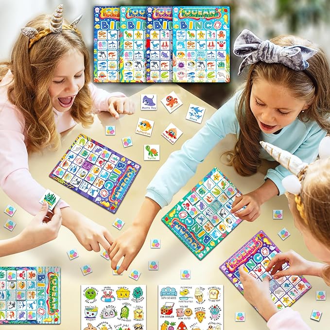 Ocean Bingo Game 24 Players Ocean Animals Bingo Game for Kids Bingo, Under The Sea Party Bingo Games for Family Classroom Activity Ocean Party Supplies