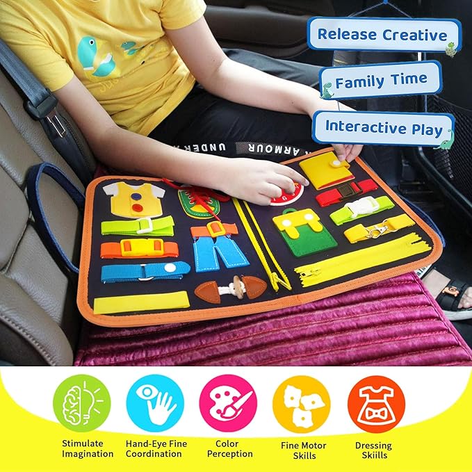 Yohelly Toddler Busy Board Montessori Toys for 1 2 3 4 5 Year Old Boys Girls, Educational Travel 1-3, Sensory Toddlers, Activities Learning Fine Motor Skills(3 Pages) Blue Medium