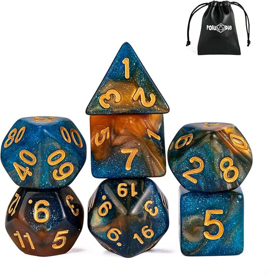 7-Die DND Dice Set Polyhedral Dice Set with a Leather Dice Bag, D&D Dice Set for Dungeons and Dragons, RPG, MTG Table Games (Blue Yellow/Glitter)