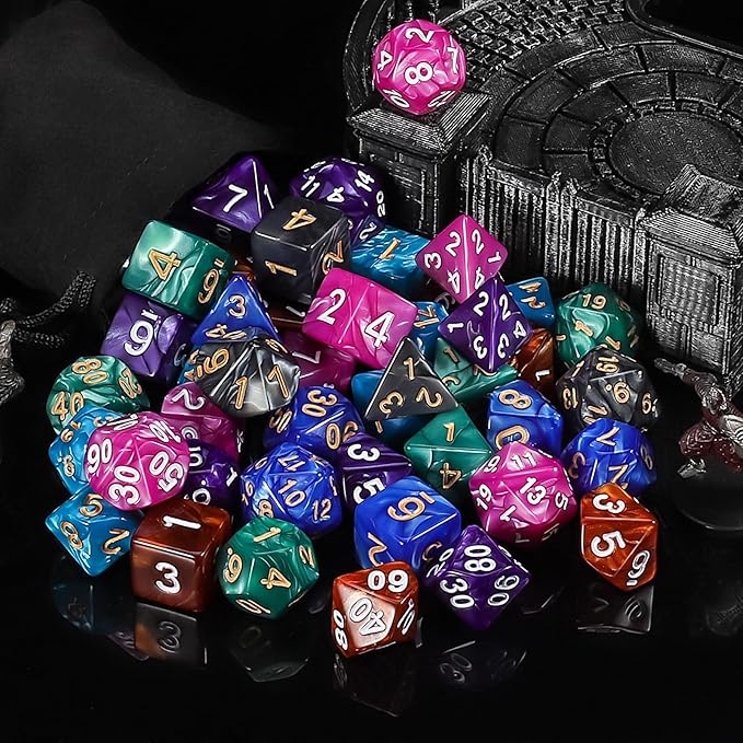 QMay Polyhedral Dice Set - 7 x 7 (49 Pieces) DND Dice with 7PCS Black Drawstring Bags Great for Dungeons and Dragons, RPG, MTG,Role Playing Table Games D4 D6 D8 D10 D% D12 D20