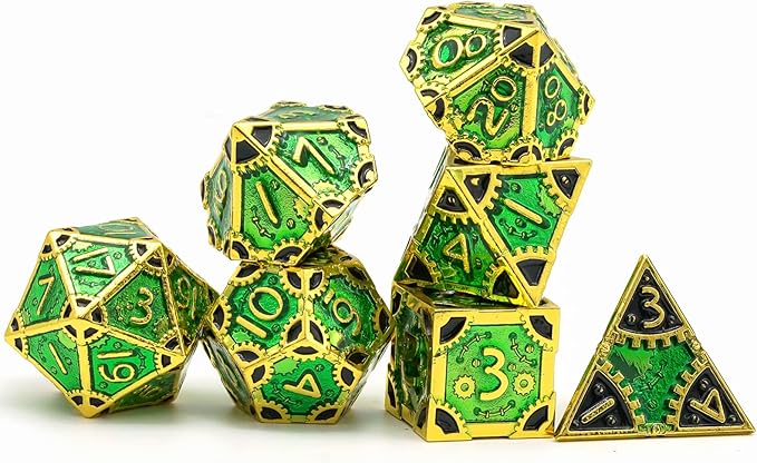 UDIXI Steampunk Metal Dice Set: 7 Die Polyhedral DND Dice Set D&D Dice for Dungeons and Dragons Role Playing Game (Gold-Green Black)