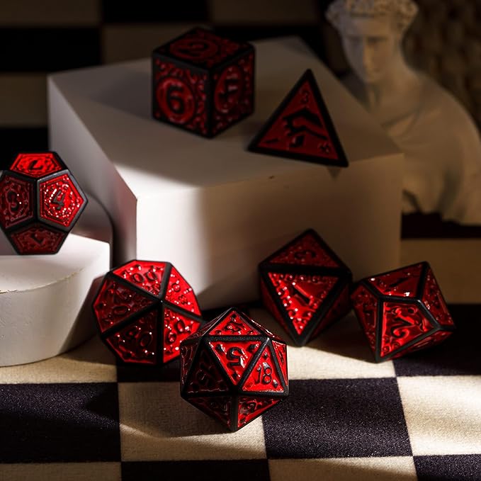 7-Die DND Dice Set New Pattern Polyhedral Dice Set with Leather Bag D&D Dice Set for Dungeons and Dragons RPG MTG Table Games(Black Red)