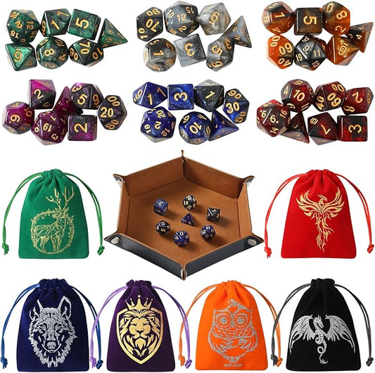 DND Dice Set, 42 Pcs polyhedral dice Set with 6 Colorful Animal Pattern Dice Bag and PU Leather and Velvet dice Tray for Dungeons and Dragons D&D RPG MTG Table Games Starry Sky