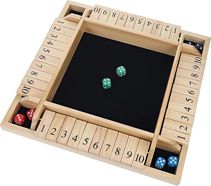 WE Games Shut The Box Wooden Board Game - Classic 4 Player Table Top Math Dice Game, Natural Wood, 8.5 in. Travel Size, 10 Numbers, for Families and Adults