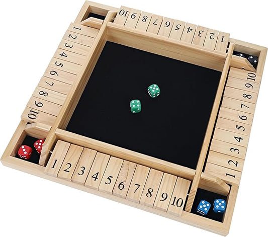 WE Games Shut The Box Wooden Board Game - Classic 4 Player Table Top Math Dice Game, Natural Wood, 8.5 in. Travel Size, 10 Numbers, for Families and Adults