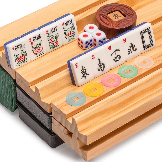 Yellow Mountain Imports American Mahjong Set, Koi Fish with Green Soft Case - Four Wooden All-in-One Racks with Pushers, Wright Patterson Scoring Coins, Dice, and Wind Indicator