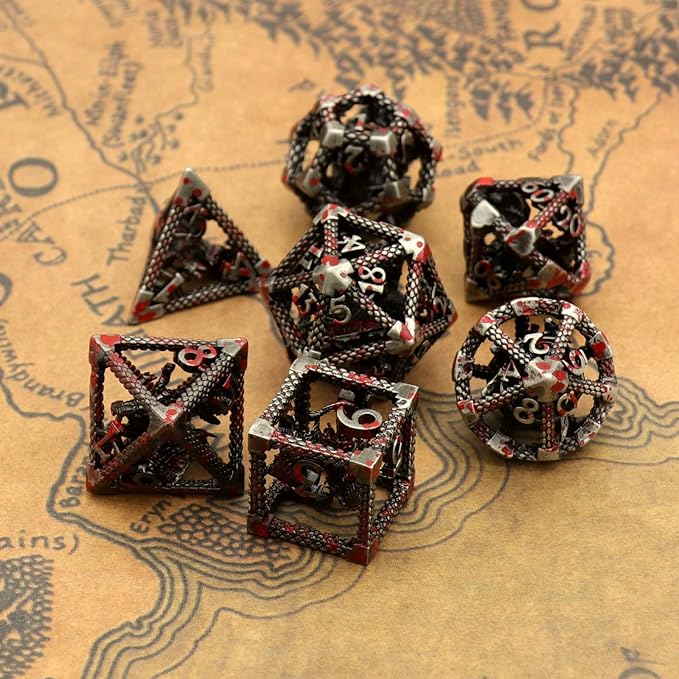 D&D Dice, Dungeons and Dragons Dice HNCCESG Metal Dice Set Polyhedral Hollow Role Playing for RPG MTG Table Board Games (Dragon Silver Blood Spot)