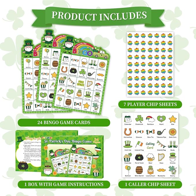 Fancy Land St. Patrick's Day Bingo Game for Adults Irish Shamrock Bingo Cards for School Classroom Party Favors Decorations Family Activities Supplies 24 Players