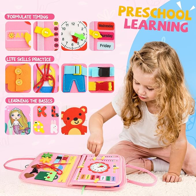 Montessori Busy Board Toys, Sensory Board for Toddlers 1-3, Travel Felt Busy Book for Airplane Car, Activity Busy Mat for Learning Fine Motor Skills Suits Boys Girls Birthday Gifts Pink/P1