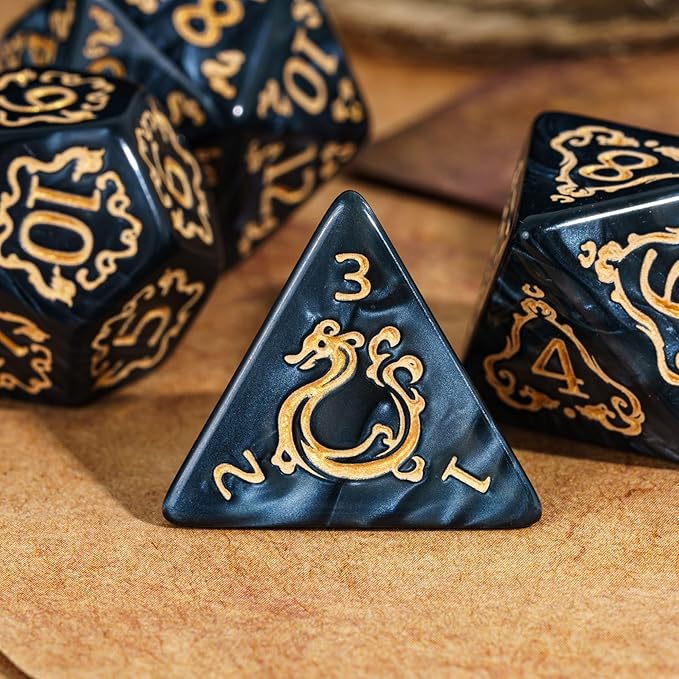 7-Die DND Dice Set Dragon Pattern Polyhedral Dice Set with Leather Bag D&D Dice Set for Dungeons and Dragons RPG MTG Table Games (Black W/Gold Dragon Pattern)