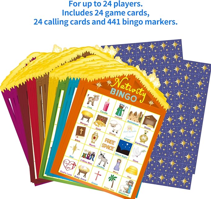 Fancy Land Nativity Bingo Game for Kids 24 Players Christmas Stable House Christain Bingo Game Holiday Religious Party Activities VBS