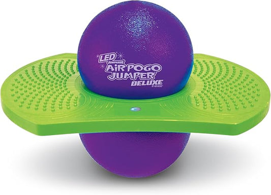 Geospace Original LED AIR POGO Jumper Deluxe with Motion-Activated Lights, Indoor or Outdoor Trick Bounce Board for Boys, Girls, Teens Ages 6+ or up to 160 lbs, Pump Included (Purple/Green)