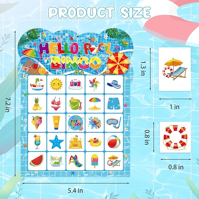 Pool Party Bingo Games for Kids Adults, 24 Players Summer Bingo Game Cards for School Classroom Family Activities Hawaiian Tropical Party Favors Supplies