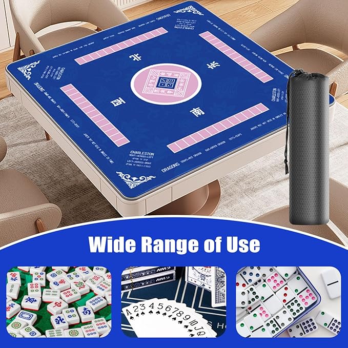 31.5 Inch Mahjong Mat for Table, 3MM Non-Slip & Noise Reduction Gaming Mat with Drawstring Bag, Perfect for Poker, Board Games, Card Games, Tile Games, and Dominoes (Bule)