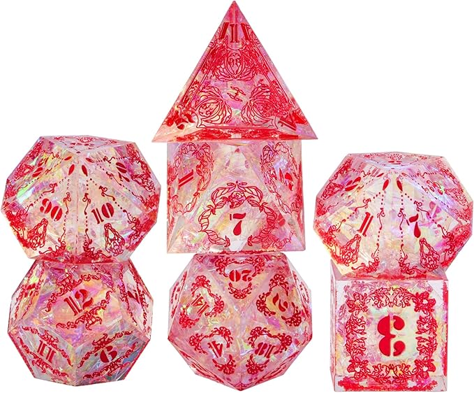 Cusdie DND Dice Set Handmade 7PCs Sharp Edge Dice, D&D Dice Set Unique with Patterns and Glitter Foil Inclusions Polyhedral Dice Set for Dungeons and Dragons RPG Table Games(Flower&Skull-R)