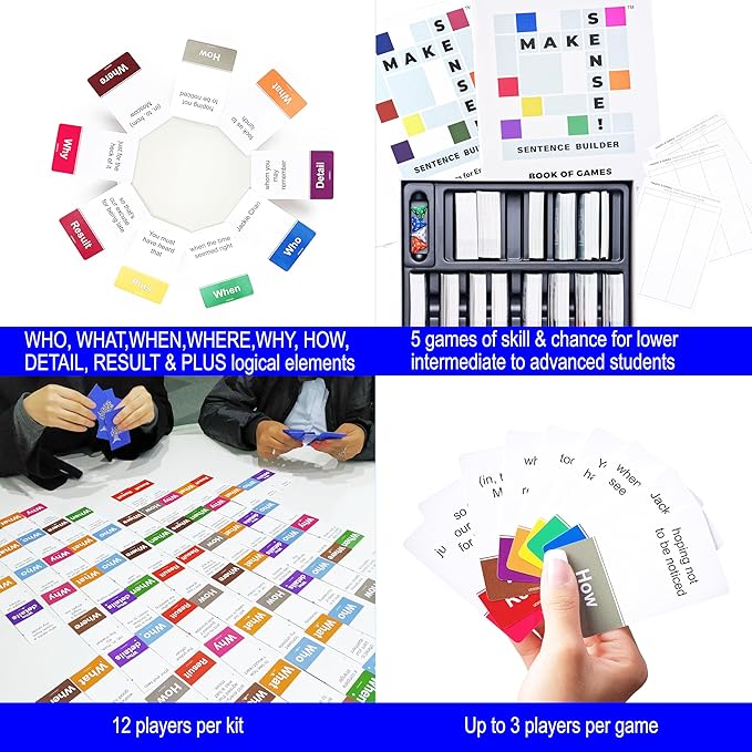 Fun, Effective 5 Game Boxed Set for Syntax Teaching - Ages 12 to Adult - Use Skill and Chance to Collaborate or Compete to Make 10k+ Unpredictable Sentences. Adjust to All Levels and Time Slots