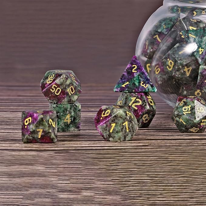 Nupuyai Healing Ruby in Fuchsite Crystal D&D Polyhedral Dice Set with Box for Dungeons and Dragons, Set of 7 Table Top Game Dice for RPG MTG Roleplaying Collection