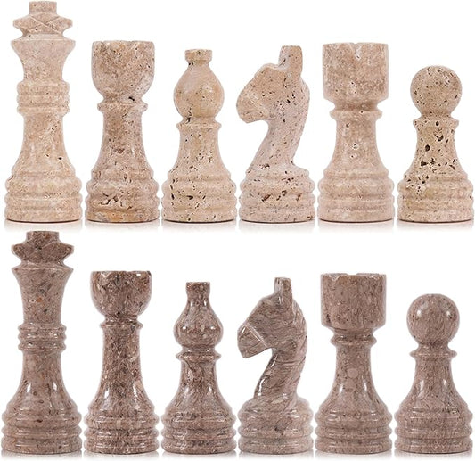 Marble Chess Pieces 3.5 Inch Travertine and Oceanic Stone Figures for Adults and Family, Classic Board Games Accessories for Checkers, Draughts, and Travel Strategy Play