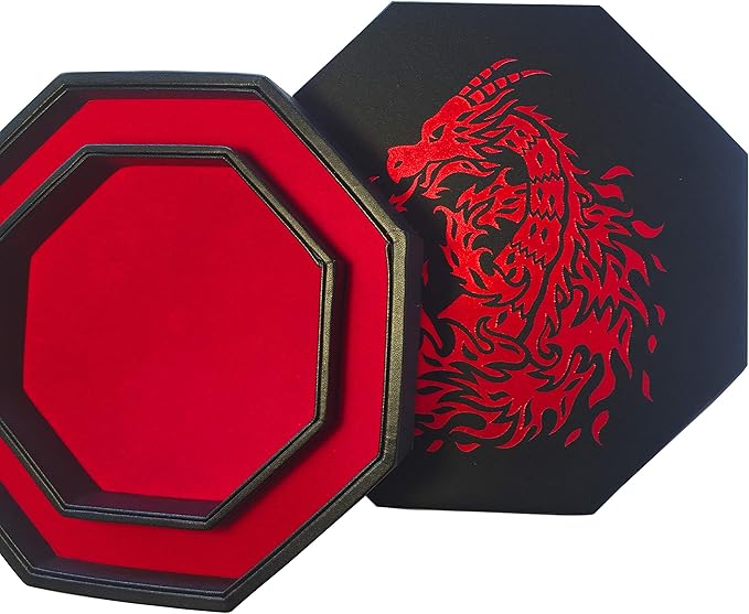 Red Fire Dragon Dice Tray with Lid – 9" Octagon with Dice Staging Area, Holds 5 Dice Sets – Ideal for Tabletop RPGs