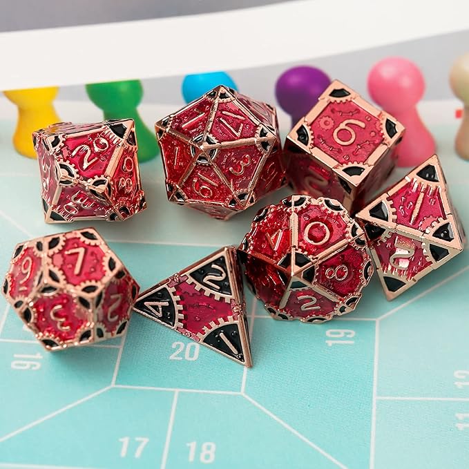 UDIXI Metal DND Dice Set, 7-Die Polyhedral D&D Dice Set for Dungeons and Dragons Role Playing Game, d and d (Red Copper-Red Black)