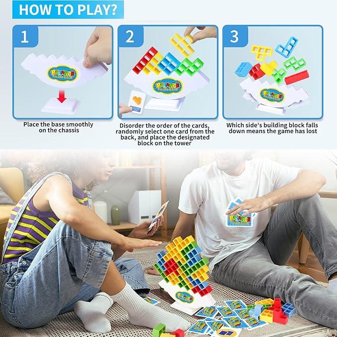 Aimery 64 Pcs Tetra-Tower Game Balance Stacking Blocks with 2 Base, Two Player Balancing Board Games for Kids & Adults, Team Building STEM Toys for Family, Parties, Travel