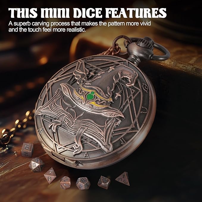 D&D Dice Set,7PCS Metal Dice for Dungeons and Dragons,Mini Dice Set with Pocket Watch Case,Role Playing Board Games Accessories (Wizard, Copper)