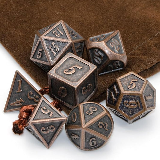 Metal Dice Set, HNCCESG Polyhedral D&D Dice for Dungeons and Dragons RPG DND Dice for Role Playing MTG Tabletop Gaming Shadowrun Pathfinder 7PCS D20 D12 D10 D8 D6 D4（Antique Copper）