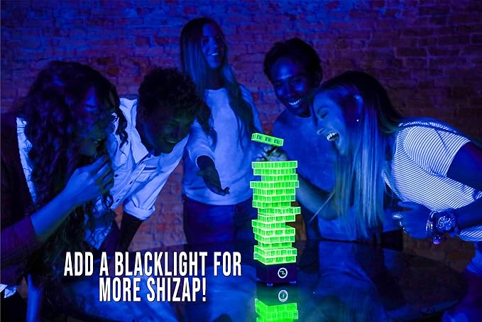 ShiZap! - Illuminated Electric Shock Stacking Block Game, Plastic Tumble Tower Blocks, Shocking Tweezers, LED Base That Plays Suspenseful Music, Family Fun Party Games for Teenage Boys, Girls, Adults