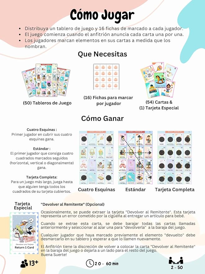 Baby Shower Bilingual Loteria Game Set for 50 Players
