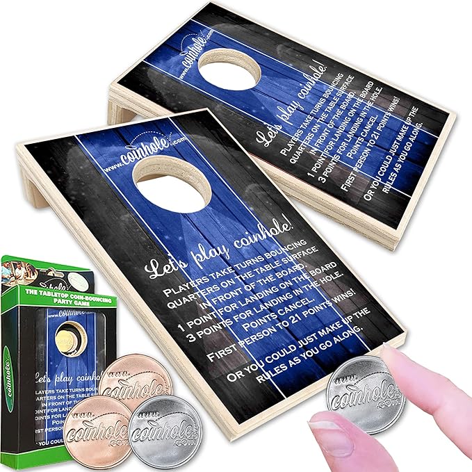Desktop Coin Bouncing Party Set | Tabletop Cornhole Board | Small Travel Game Includes Coins