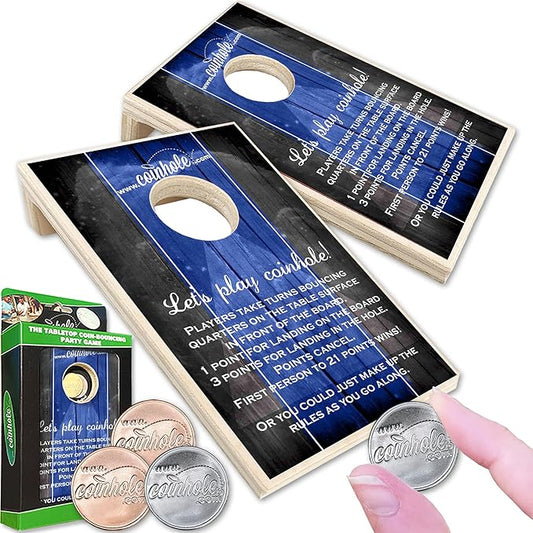 Desktop Coin Bouncing Party Set | Tabletop Cornhole Board | Small Travel Game Includes Coins