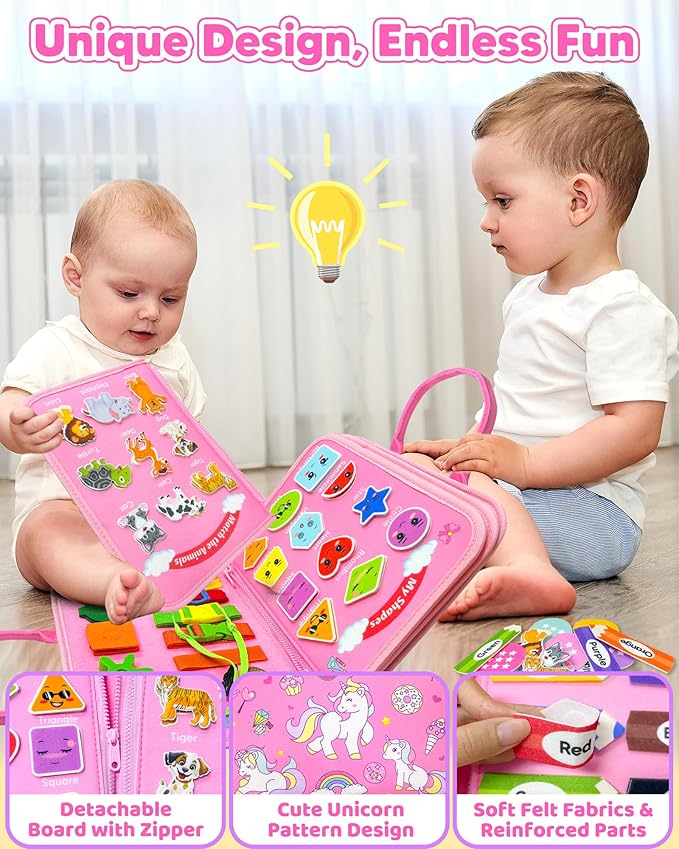 Toddler Busy Board Montessori Toys for 1 2 3 4 Year Old Girl Birthday Gifts, Busy Book Sensory Learning Toys for Toddlers 1-3, Educational Activities Airplane Car Travel Toy for Ages 2-4 Girl